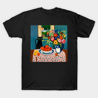 Black Cat with Flowers in a White Vase Still Life Painting T-Shirt